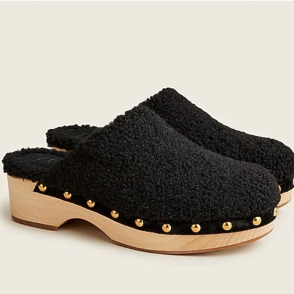 J Crew Faux Fur Sherpa Black Wooden Clogs Shoes Women